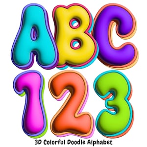 Puede incluir: Un alfabeto de garabatos en 3D de colores con las letras A, B, C y los números 1, 2, 3. Las letras y los números están delineados en un color contrastante y tienen un aspecto hinchado en 3D.