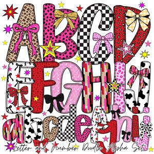 May include: A colorful alphabet set with letters A through N, featuring various patterns like leopard print, polka dots, and checkered designs. Each letter is adorned with bows and stars. The text at the bottom reads "Letter and Number Doodle Alpha Set."