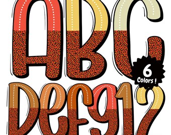 Op de afbeelding: Een afbeelding met de letters A, B, C, D, E, F en de cijfers 9, 1 en 2. Het bovenste deel van elke letter en cijfer is effen van kleur, terwijl het onderste deel een luipaardprint heeft. De tekst "6 Colors!" is inbegrepen.