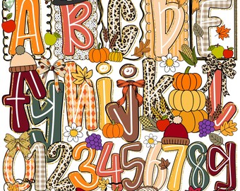 May include: A colorful fall-themed alphabet and number set. The letters and numbers are decorated with pumpkins, leaves, and other autumn elements. The text at the bottom reads "Letter and Number Doodle Alpha Set."