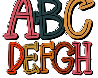 Boho Scribble Letters  & School Alphabet PNG Bright, Colorful Alpha Set for Kindergarten, Teachers, Sublimation Trendy School Materials Font