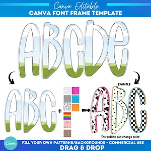 Plantilla de marco de Canva con fuentes de doodle, alfabeto, sublimación, patrón de relleno personalizado, marco de Canva con fuente, relleno de alfabeto, escuela de verano