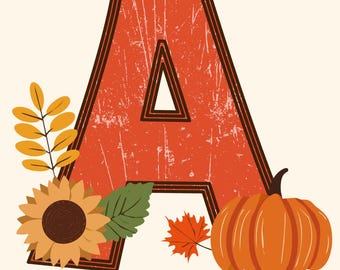 May include: An orange letter "A" with a distressed texture, part of an autumn-themed alphabet. The design includes a sunflower, pumpkin, and fall leaves. The text "Autumn Initial Alphabet | 44 Letters" is at the bottom.
