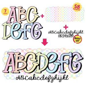 May include: A graphic featuring the letters ABCDEFG in pastel colors with a dotted pattern, plus a smaller alphabet and numbers. The image includes the text "7 colors", "58 Patterns!", and "Bonus otf".