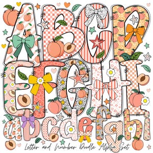 Alfabeto PNG de melocotón de verano preppy / Letra de vibraciones de verano dulces / Alfabeto de garabato de verano coqueto / Fuente alfa de garabato de verano femenino