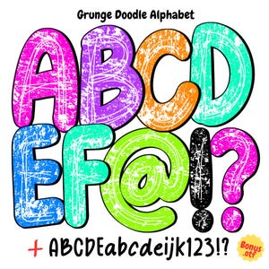Lettres groovy griffonnées en détresse vives : rétro, audacieux, grunge, alphabet PNG dessinés à la main - polices colorées, maternelle, scolaire, enseignant