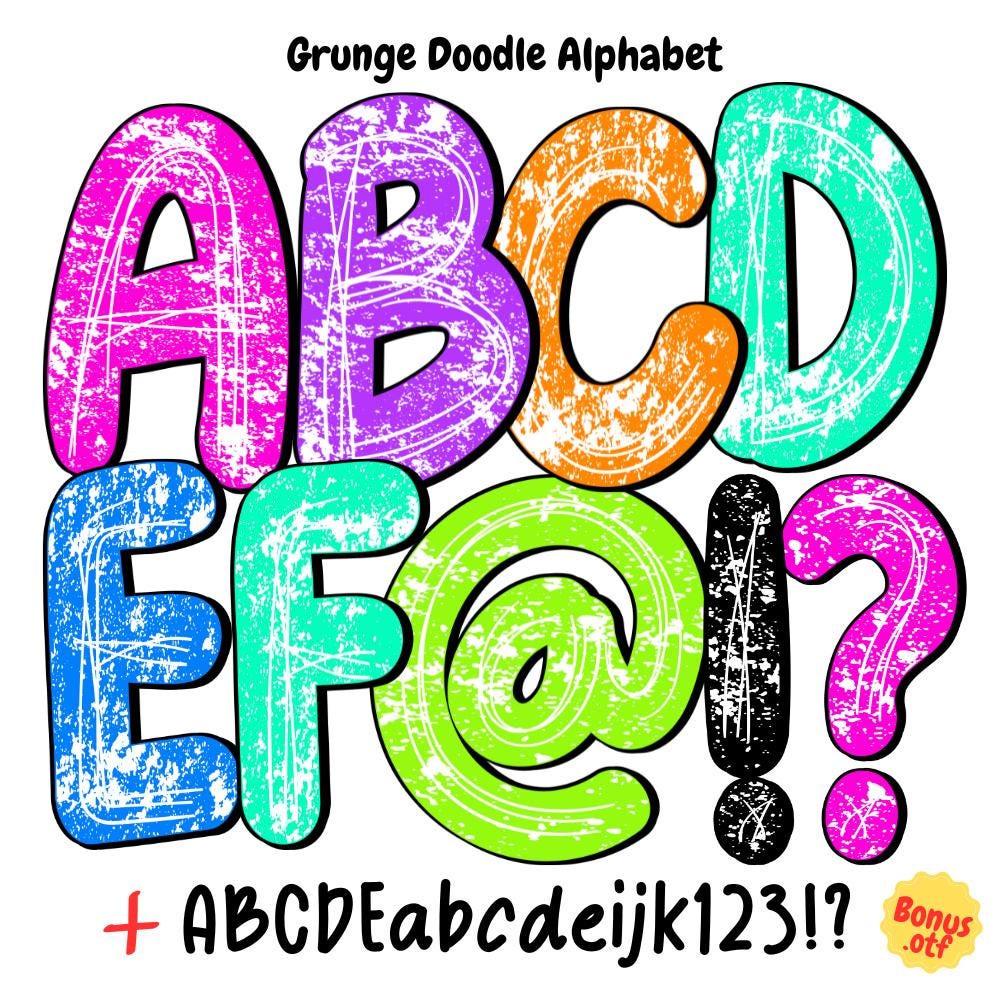 Lebendige, abgenutzte Kritzel-Groovy-Buchstaben: Retro, Fett, Grunge, handgezeichnetes Alphabet PNGs - Bunt, Kindergarten, Schule, Lehrer-Schriftarten