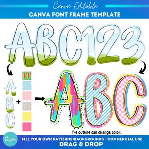 Op de afbeelding: Een Canva lettertype frame sjabloon met de letters ABC en de cijfers 123. De letters hebben een transparant ontwerp met een groene en blauwe achtergrond. De letters ABC worden getoond met kleurrijke patronen. De tekst "FILL YOUR OWN PATTERNS/BACKGROUNDS - COMMERCIAL USE DRAG & DROP" is ook zichtbaar.