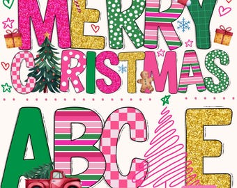 Pink Christmas Alphabet, Christmas Letters and Number Png, Christmas Tree Png, Merry and Bright Png,  Santa alphabet png, Winter Alphabet