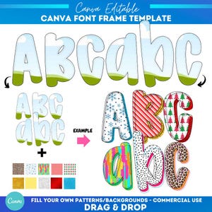May include: A Canva font frame template featuring the letters "ABCabc" in various styles. The top letters have a sky and grass design. Other examples include snowflake, striped, Christmas tree, and leopard print patterns. The text "Canva Editable" is at the top.