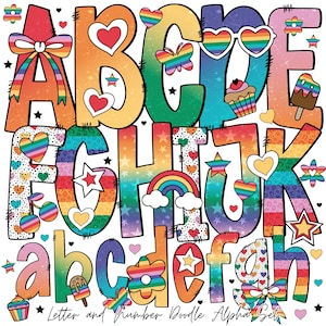 Letras del alfabeto del mes del orgullo / fuente alfa del doodle Letra y número / Coqueta de maestra de escuela / Alfabeto de verano / Arco / Arcoíris del orgullo