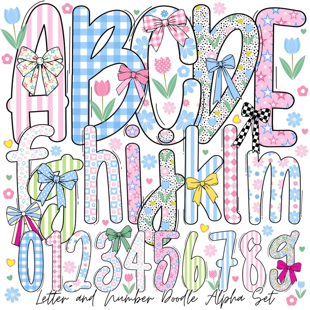 Preppy Back to School Floral Bundle Alphabet | Doodle Alpha Font ...