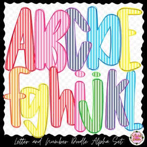 May include: A set of alphabet letters in a variety of bright colours, each with a vertical striped pattern. The letters are outlined in black. The image includes the text "Letter and Number Doodle Alpha Set".