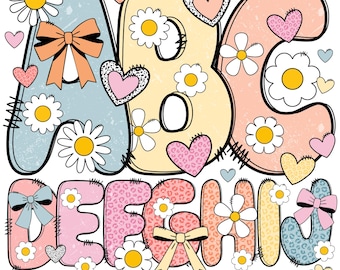 Retro Spring Flower alphabet letters | doodle alpha font Letter and Number | School Teacher coquette | Spring Floral Alpha | Floral | Bow