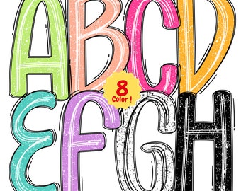 Neon Doodle Buchstaben PNG: Retro, Fett, Grunge, Distressed, Handgezeichnetes Alphabet PNGs - Bunt, Kindergarten, Schule, Lehrer Schriften