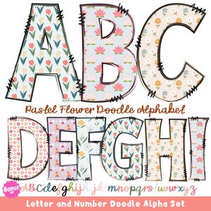 Alfabeto caprichoso de primavera clipart PNG | Doodle de Páscoa, letra e número | Pacote de flores e florais rosa | Alfabeto de sublimação moderno |