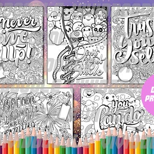 Puede incluir: Cinco páginas para colorear imprimibles en blanco y negro con citas inspiradoras. Las citas son "¡Nunca te rindas!" "No olvides sonreír" "Confía en ti mismo" "Las cosas mejores están por venir" y "Tú puedes hacerlo".