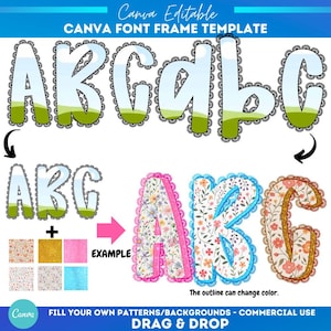 Op de afbeelding: Een Canva lettertype frame sjabloon met de letters A, B, C, D, b en C. De letters hebben een witte vulling met een landschapsontwerp en een zwarte kanten rand. De afbeelding toont ook voorbeelden van letters met bloempatronen en de tekst "FILL YOUR OWN PATTERNS/BACKGROUNDS - COMMERCIAL USE DRAG & DROP".