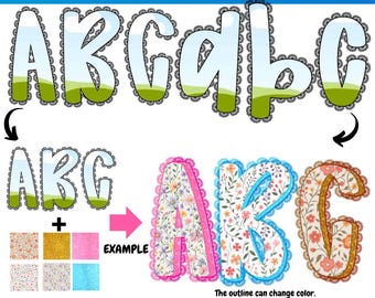 May include: A Canva font frame template featuring the letters A, B, C, D, b, and C. The letters have a white fill with a landscape design and a black lace border. The image also shows examples of the letters with floral patterns and the text "FILL YOUR OWN PATTERNS/BACKGROUNDS - COMMERCIAL USE DRAG & DROP".