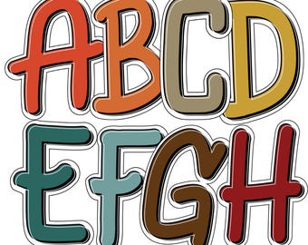 Può includere: Alfabeto colorato dalla A alla H in uno stile giocoso e scritto a mano. Le lettere sono in varie tonalità di arancione, marrone, verde e giallo, con contorni neri, su sfondo bianco.