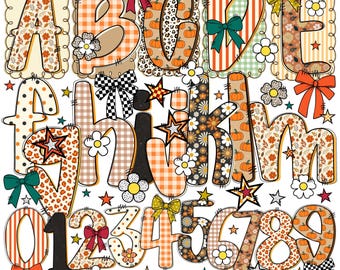 May include: A colorful alphabet and number set with a doodle style. The letters and numbers feature various patterns, including floral, gingham, and leopard print, with decorative bows and stars. The text "Letter and Number Doodle Alpha Set" is at the bottom.