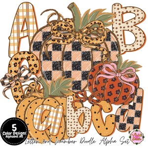 May include: A digital graphic featuring the letters A, B, C, and d decorated with plaid, polka dot, and leopard print patterns. Three pumpkins are integrated into the design, featuring checkered and floral motifs with leopard print bows.