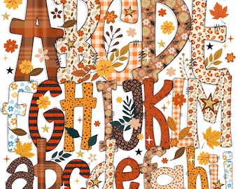 May include: A colorful alphabet set featuring letters A through M, each with a unique pattern. Designs include plaid, floral, leopard print, and stripes in shades of orange, brown, and cream. The letters are decorated with stars, leaves, and floral accents.