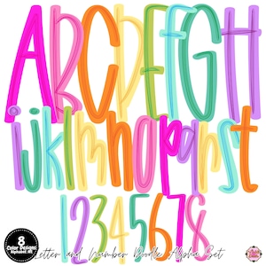May include: A digital graphic set featuring the alphabet in uppercase and lowercase letters plus numbers one through eight. Each character is rendered in a colorful, hand-drawn doodle style with overlapping lines in shades of pink, orange, yellow, green, and blue.
