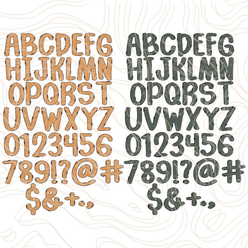 May include: Two sets of alphabet letters, numbers, and symbols in a digital font. One set is tan with a distressed texture, and the other is dark gray with a similar texture. The characters include uppercase letters, numbers, and punctuation.