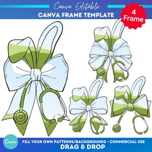 May include: Four frames featuring a green and blue bow with a stethoscope. The bows are in different positions and the stethoscopes are in different positions. The frames are editable and can be used for commercial purposes.
