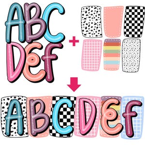 Alfabeto de doodle de regreso a la escuela en colores pastel con fondo: aula de letras de fuentes de colores brillantes, nombre del maestro, fuente escolar de moda PNG