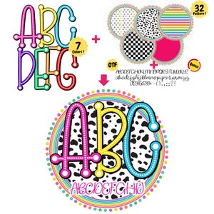 Alfabeto de puntos dálmatas con fondo de círculo adorable PNG: garabato de lunares personalizado, descarga digital de conjunto de alfabeto y números