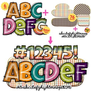 May include: A vibrant digital design showcasing the alphabet and numbers in a cartoon style. The letters and numbers are outlined in black with a stitched effect and filled with various colours. Additional design elements include patterns and the text "abcdefghijklmnop ABCDE, 0123456789".