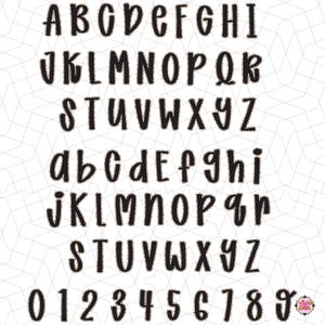 May include: Black, stitched-style alphabet and number set, including uppercase and lowercase letters, and numbers 0-9. The letters and numbers are in a bold, rounded font with a stitched outline, set against a white background.