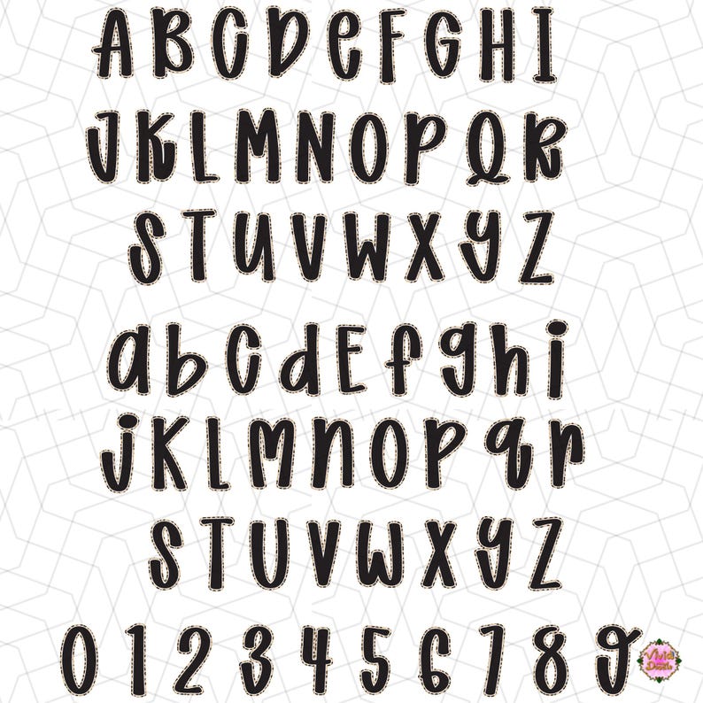 May include: Black, stitched-style alphabet and number set, including uppercase and lowercase letters, and numbers 0-9. The letters and numbers are in a bold, rounded font with a stitched outline, set against a white background.