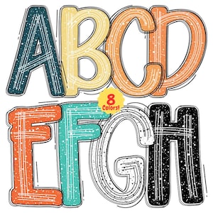 Boho noodlijdende krabbelalfabet png-bundel, 8-kleuren grungeletters voor digitale ontwerpen, herfstkleur