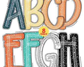 Boho Distressed Scribble Alphabet PNG Bundle, 8-Farben Grunge Buchstaben für Digitale Designs, Herbstfarbe