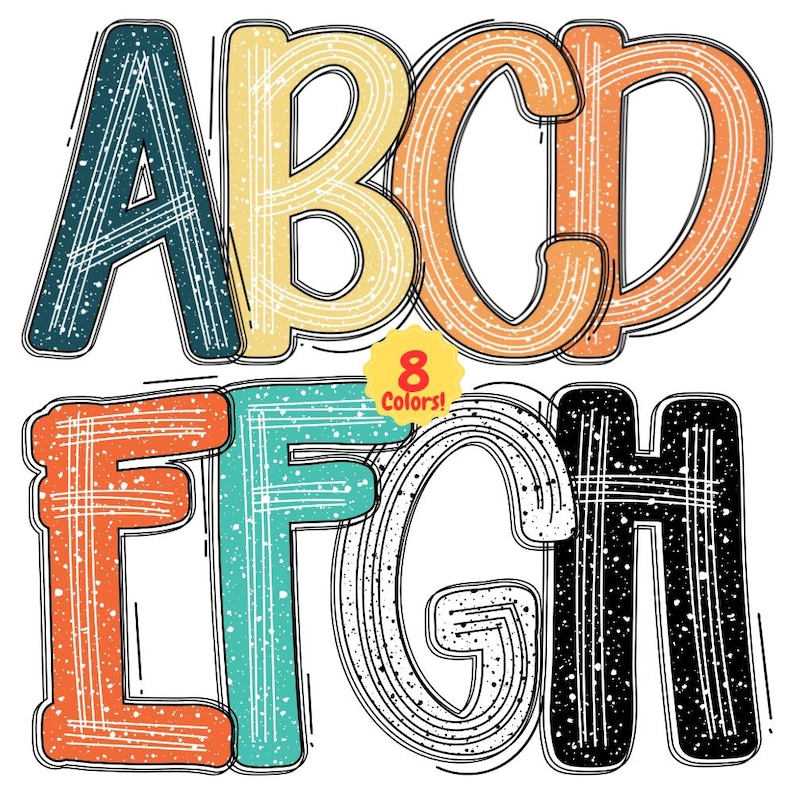 Boho Distressed Scribble Alphabet PNG Bundle, 8-color Grunge Letters ...