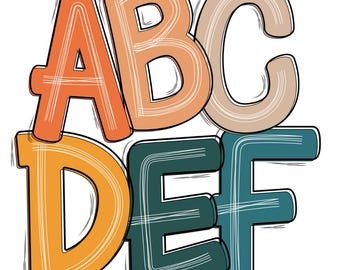 May include: Colorful ABC and DEF letters in orange, yellow, tan, and teal, outlined in black with white brushstroke details. The letters are stacked and overlapping on a white background, creating a playful design.