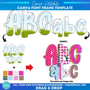 Plantilla de Canva con paquete preppy para el regreso a clases / Patrón de relleno personalizado / Alfabeto de fuente de relleno / Monograma de marco de Canva / Fuentes alfabéticas de Canva