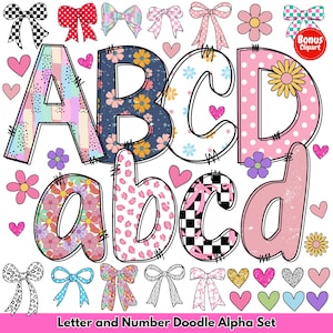 Alfabeto de primavera PNG / Letras florales PNG / Alfabeto del Día de la Madre / Letras de garabatos / Fuente floral retro de garabatos / Diseño de fuente de sublimación