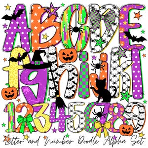 Letras do alfabeto de Halloween | Fonte alfabética para rabiscos | Alfabeto para professores | Alfabeto de outono | Flor | Estrela | Desenhado à mão