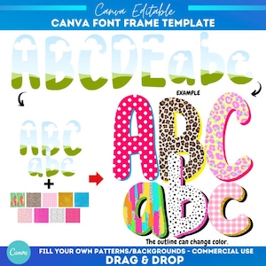 Fuente del alfabeto con marco de Canva Bubble / Sublimación de verano / Patrón de relleno personalizado / Rellenar letra / Monograma de marco de Canva / Fuente alfa de Canva