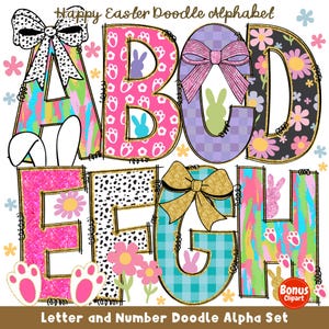 Paquete de letras del alfabeto de primavera / Clipart y fondo png / Letras de garabatos con lazo de coqueta / Alfabeto de garabatos dibujado a mano / fuente de monograma /