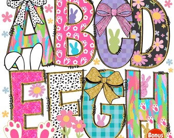 Spring alphabet letters bundle | Clipart and Background png |  coquette bow Doodle letters | Hand Drawn Doodle Alpha | monogram font |