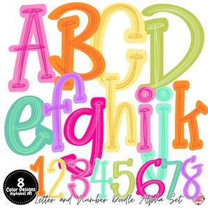 Puede incluir: Un conjunto gráfico digital que presenta las letras de la A a la K y los números del 1 al 8 en un estilo de garabato dibujado a mano. Cada carácter muestra una textura garabateada multicapa en colores vibrantes como rosa, naranja, amarillo, verde y turquesa.