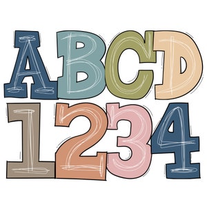 Varsity scribble lines png, Boho color palette, doodle alpha, Retro Doodle, Scribble Alphabets, white center line Sublimation Designs