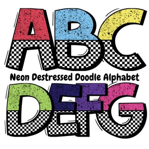 Alfabeto de garabato grunge de neón brillante medio a cuadros PNG - Conjunto de imágenes prediseñadas de fuente de maestro de escuela angustiado escrito a mano / Conjunto alfa colorido PNG