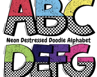 Half Checkered Bright Neon grunge Doodle Alphabet PNG - Handwritten distressed School Teacher Font Clip Art Set | Colorful Alpha Set PNG