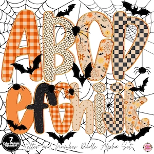 Pacchetto di lettere PNG con alfabeto floreale retrò e zucche, clipart di font preppy per la stagione autunnale, lettere PNG di zucche da campo, design autunnale vintage di tendenza
